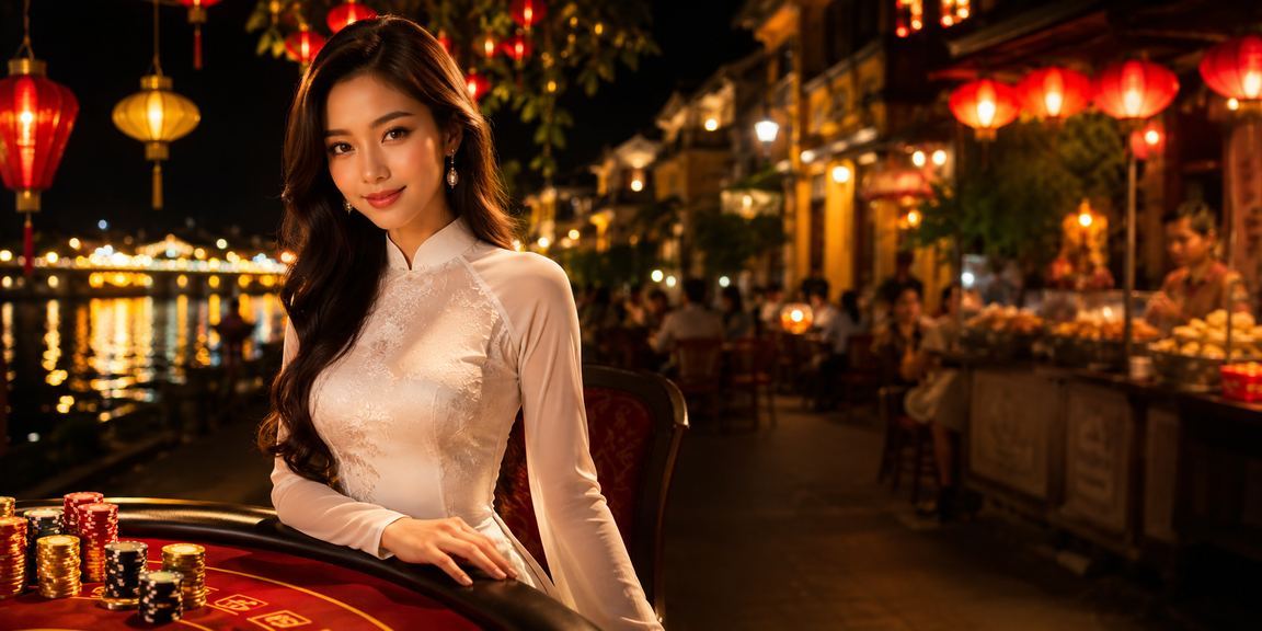 Phụ nữ mặc áo dài thưởng thức casino và giải trí trong không gian đêm Hội An